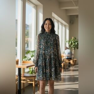 Fate  Floral Smocked High Neck Lined Boho Mini Dress Sheer Long Sleeve, Size S